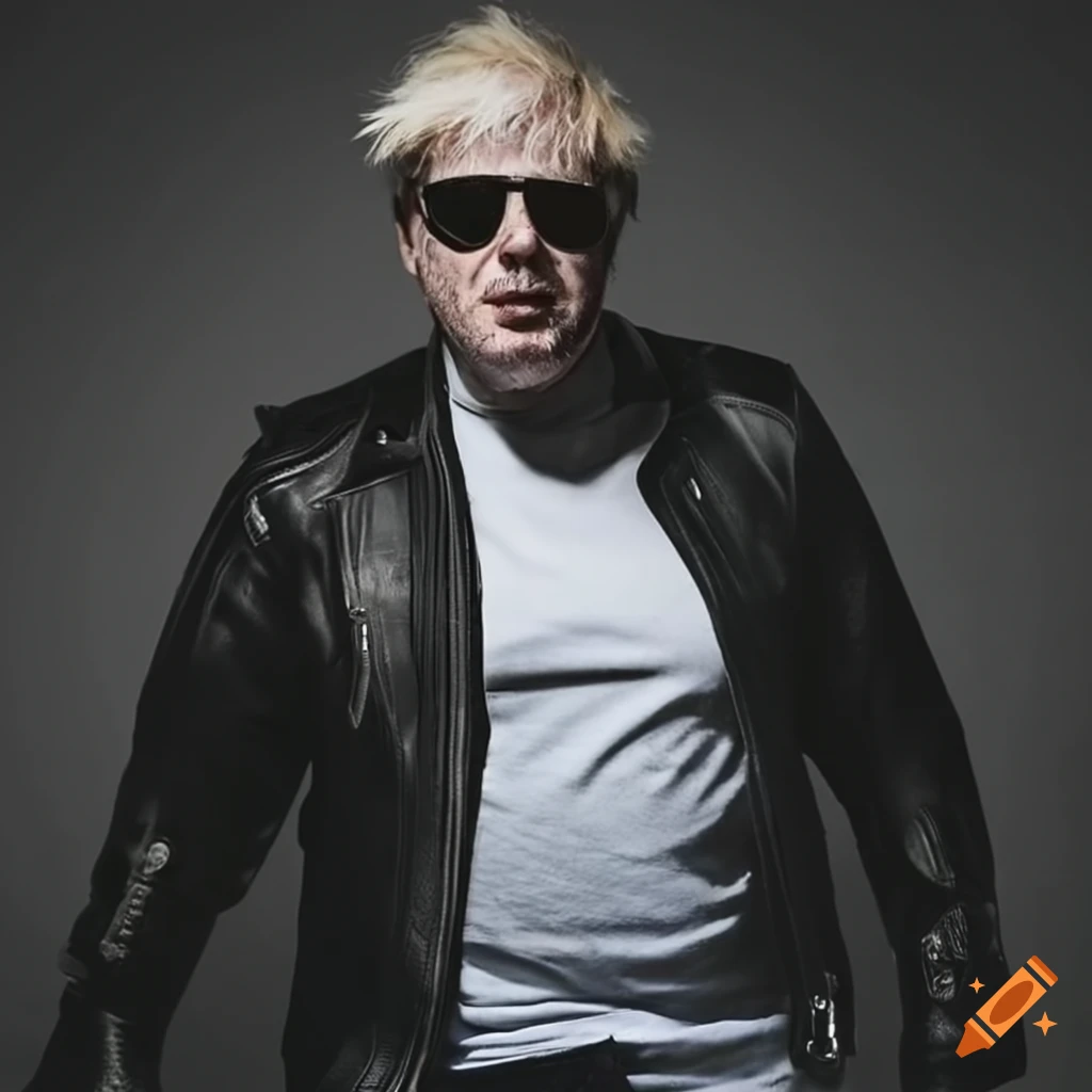 boris johnson wearing dark aviator sunglasses, a white t-shirt and a black leather motorcycle jacket, riding a harley-davidson motorcycle