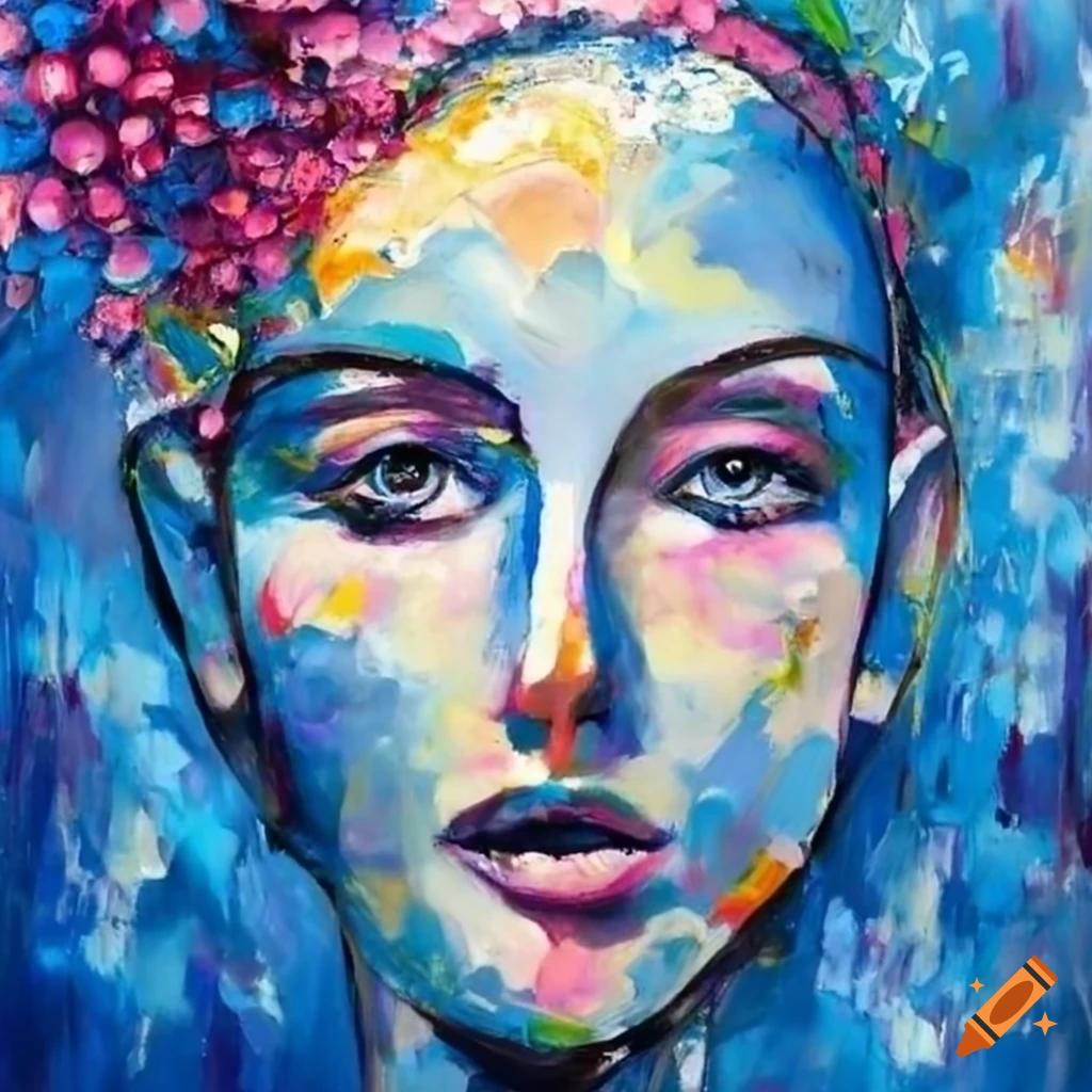 Abstract painting of a woman face, blue and pink flowers on Craiyon