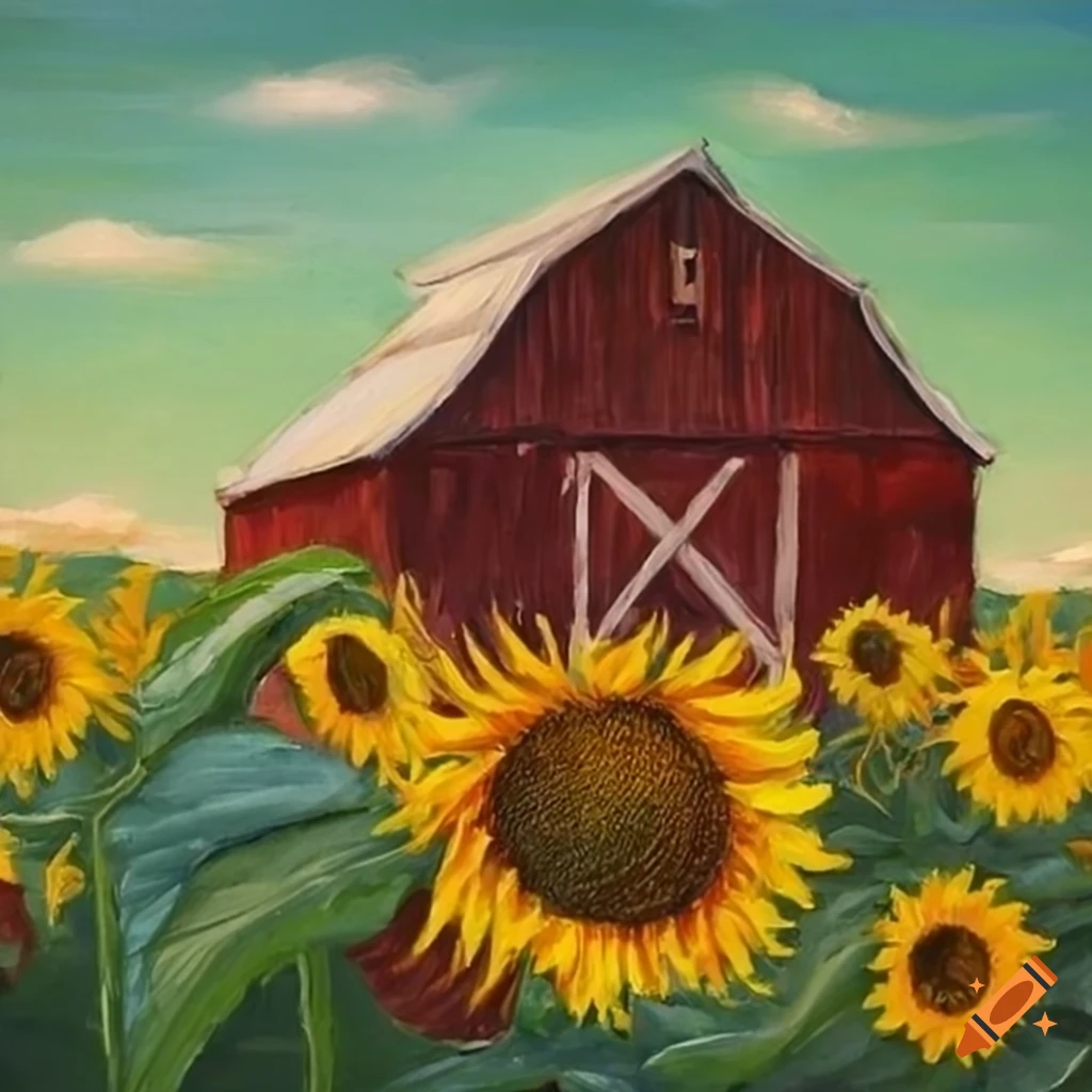 Barn in sunflower field painting
