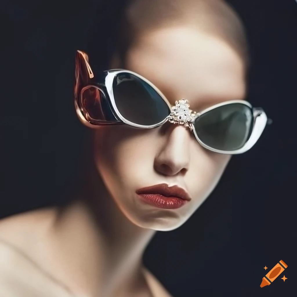 Headpiece sunglasses, asimetric shape sunglasses, liquid chrome style, high  fashion, luxury feel, iris van herpen deconstructed rythm on Craiyon