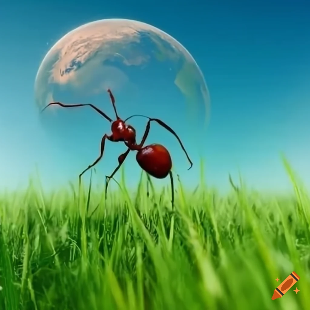 A big ant, the size of a blade of grass, in a field of grass. in the  background we see a sky with planet earth as though it is very closeby on