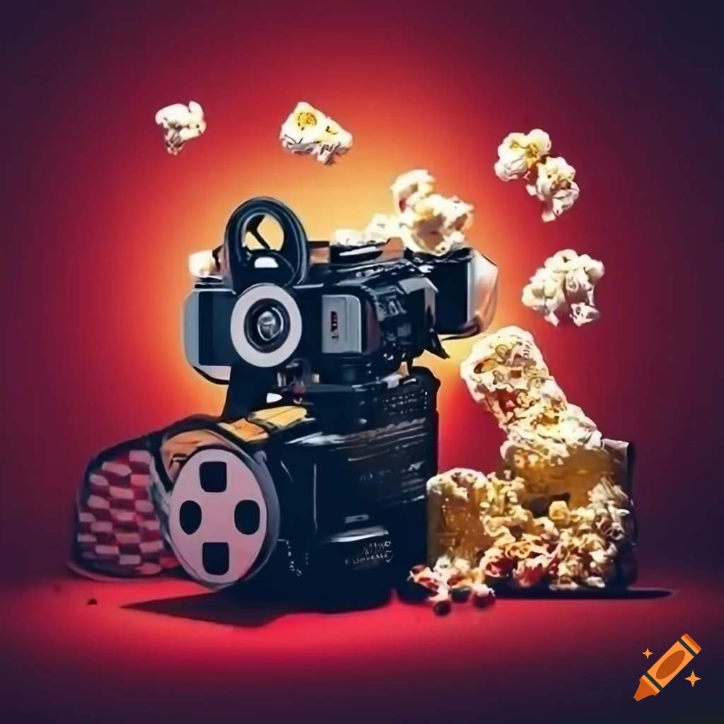 Movie quiz poster with cinema reels, popcorn, theater, video