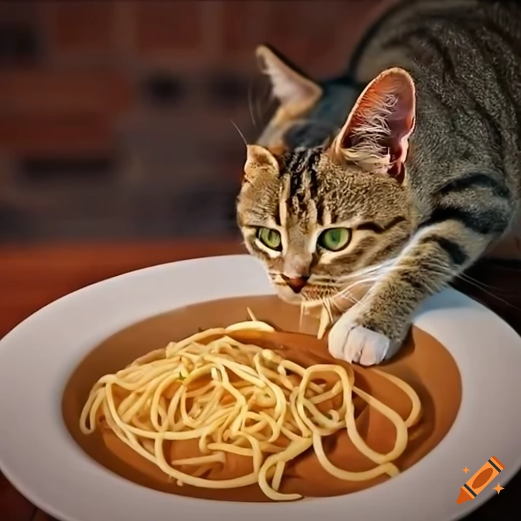 cat eating spaghetti