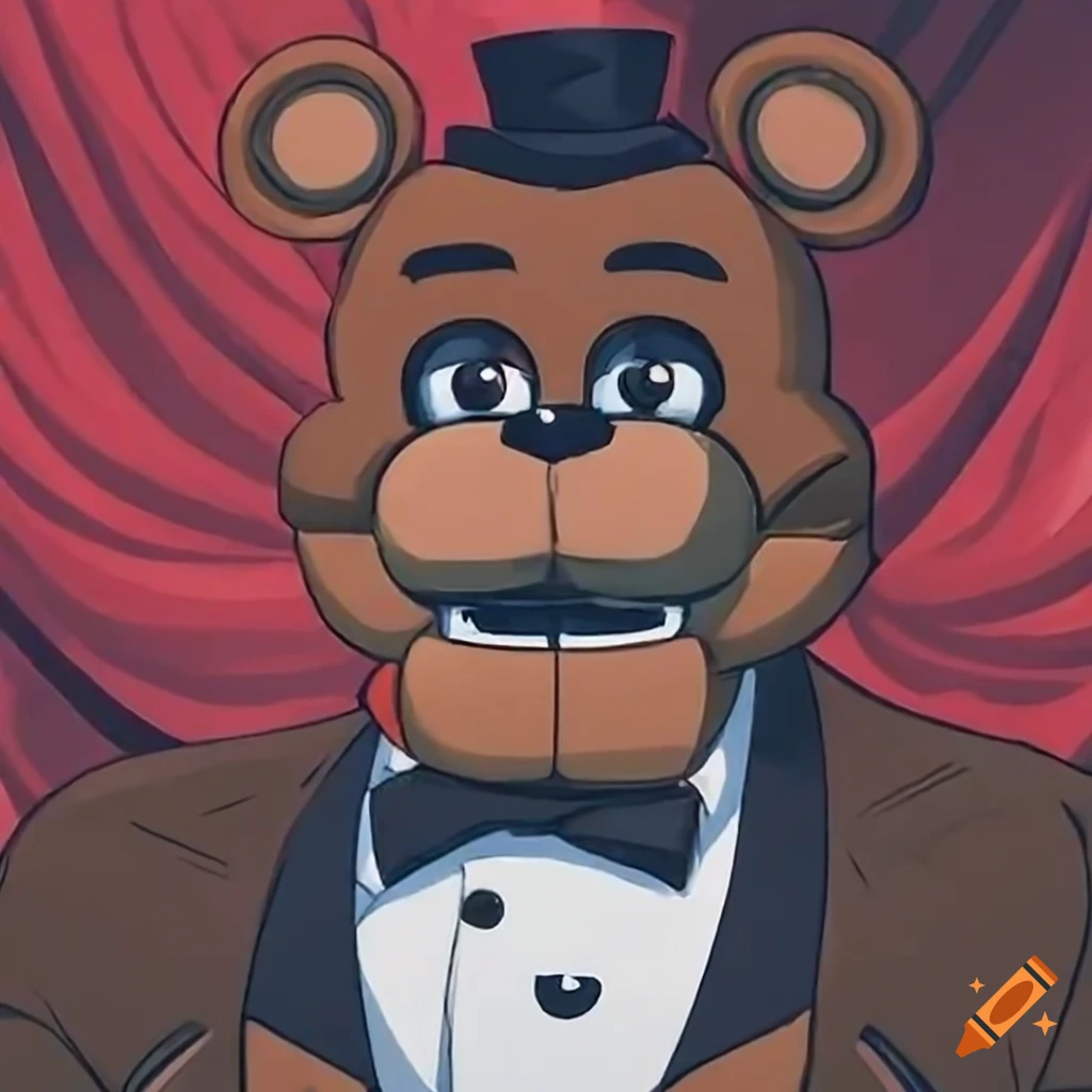Digital, japanese anime, an up close head and torso shot of, fnaf, freddy  fazbear, wearing a brown tuxedo, with a red curtain backdrop, high quality,  4k definition, perfectly detailed, perfectly shaded, amazingly
