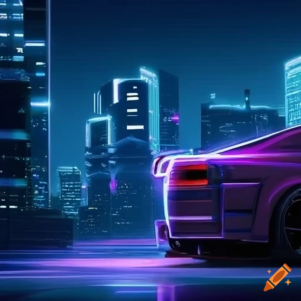 Imagine a dynamic and futuristic cityscape at night, filled with neon ...