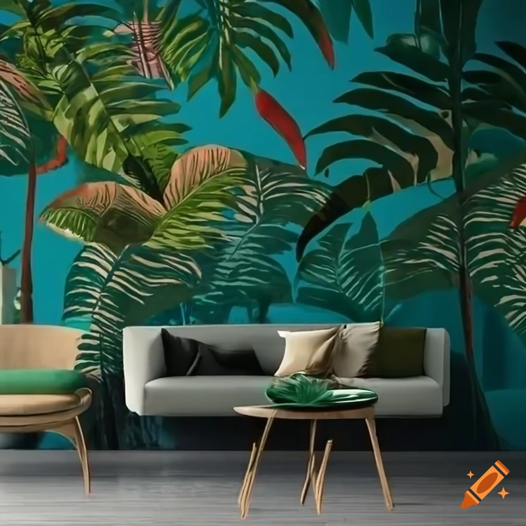 Modern living room with tropical wallpaper on the wall, a safo on the