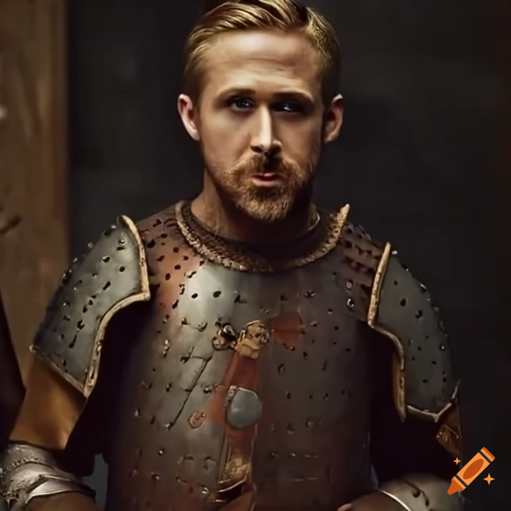 Ryan gosling in a full viking armor, holding a two handed mace on Craiyon