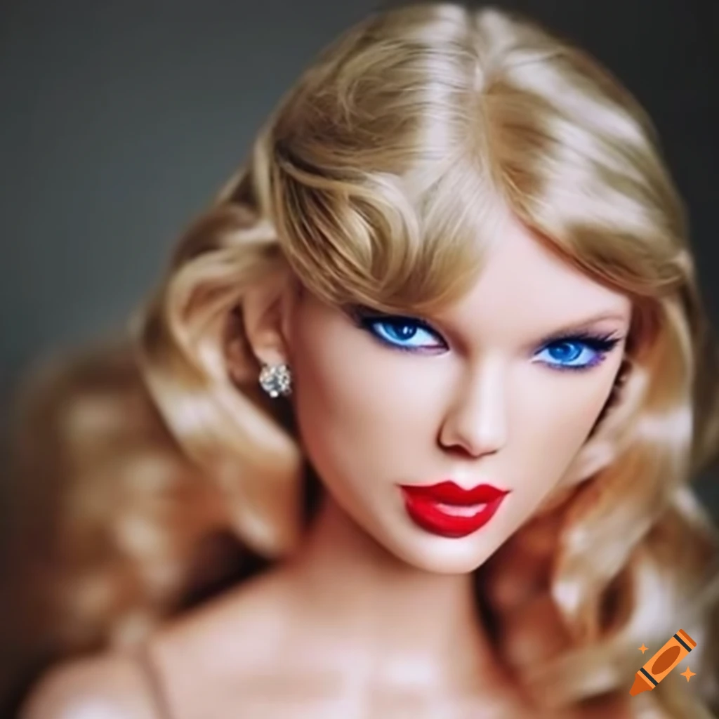 Taylor swift as a barbie, wearing a purple dress, long waivy hair, album  cover, barbie, doll, plastic, award winning photoshoot , 3/4 shot, natural  makeup, dark background on Craiyon