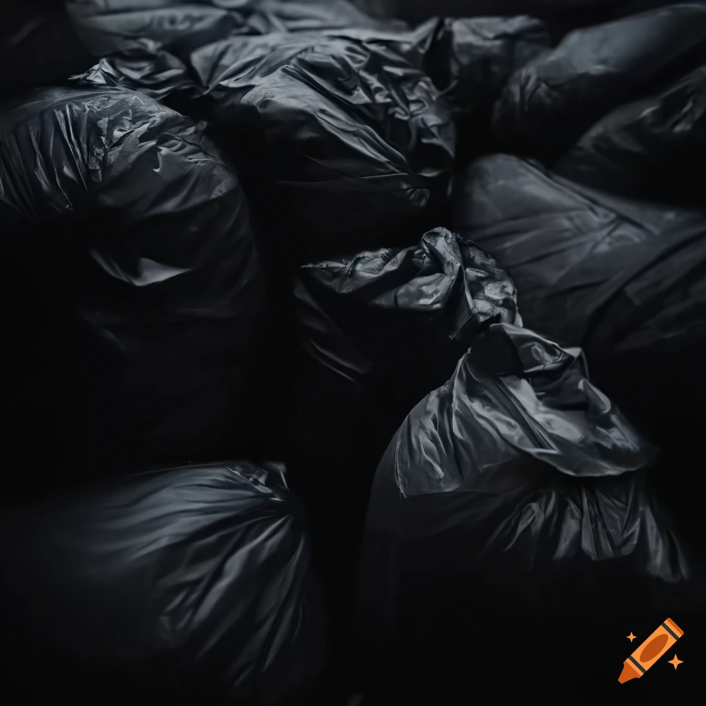 Professional shot of a pile of green and black garbage bags overloaded in a  truck, particulate, detailed macro portrait, , soft lighting, stunning,  delicate details, low angle view