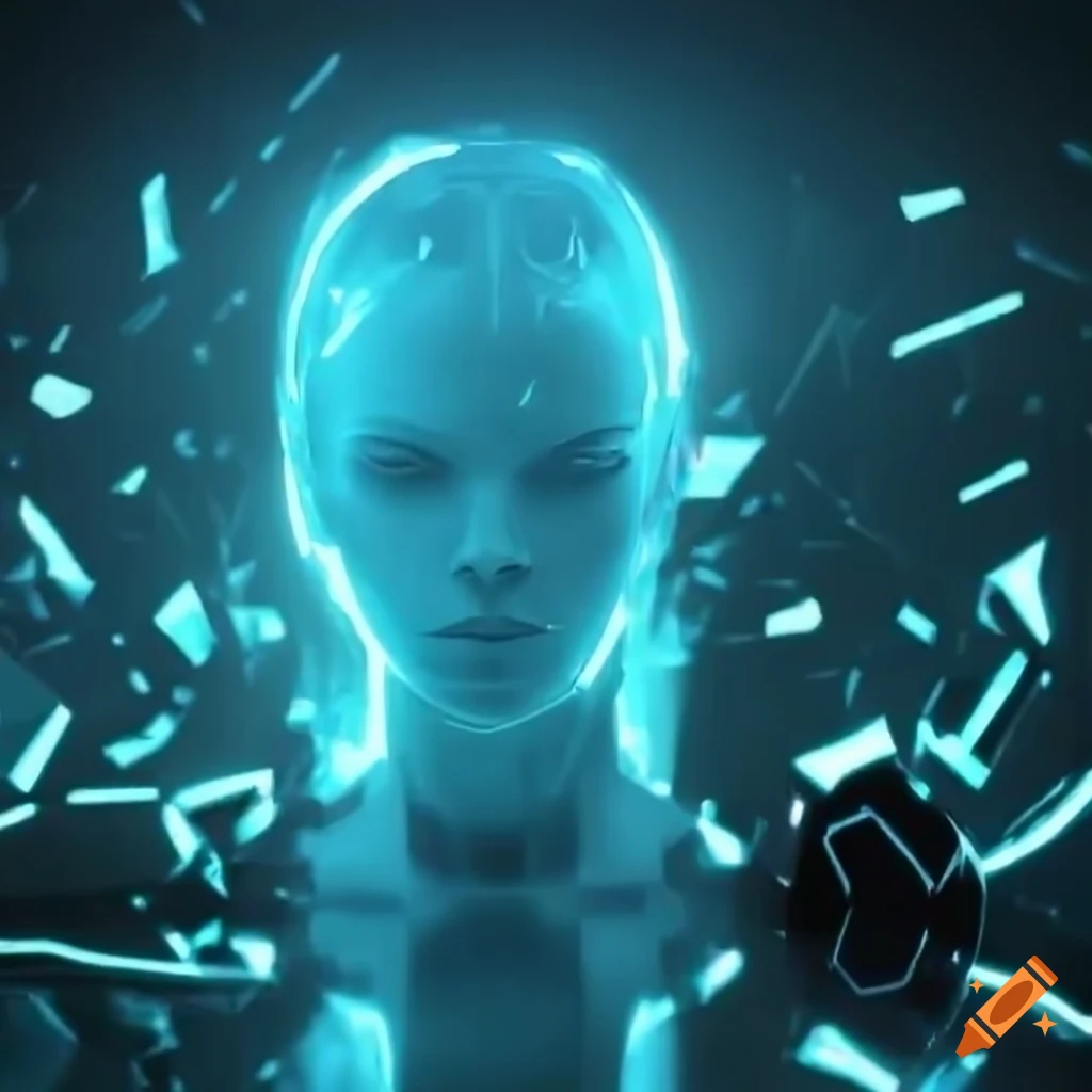 Cinematic view of tron-character shattering apart into glowing-glass ...