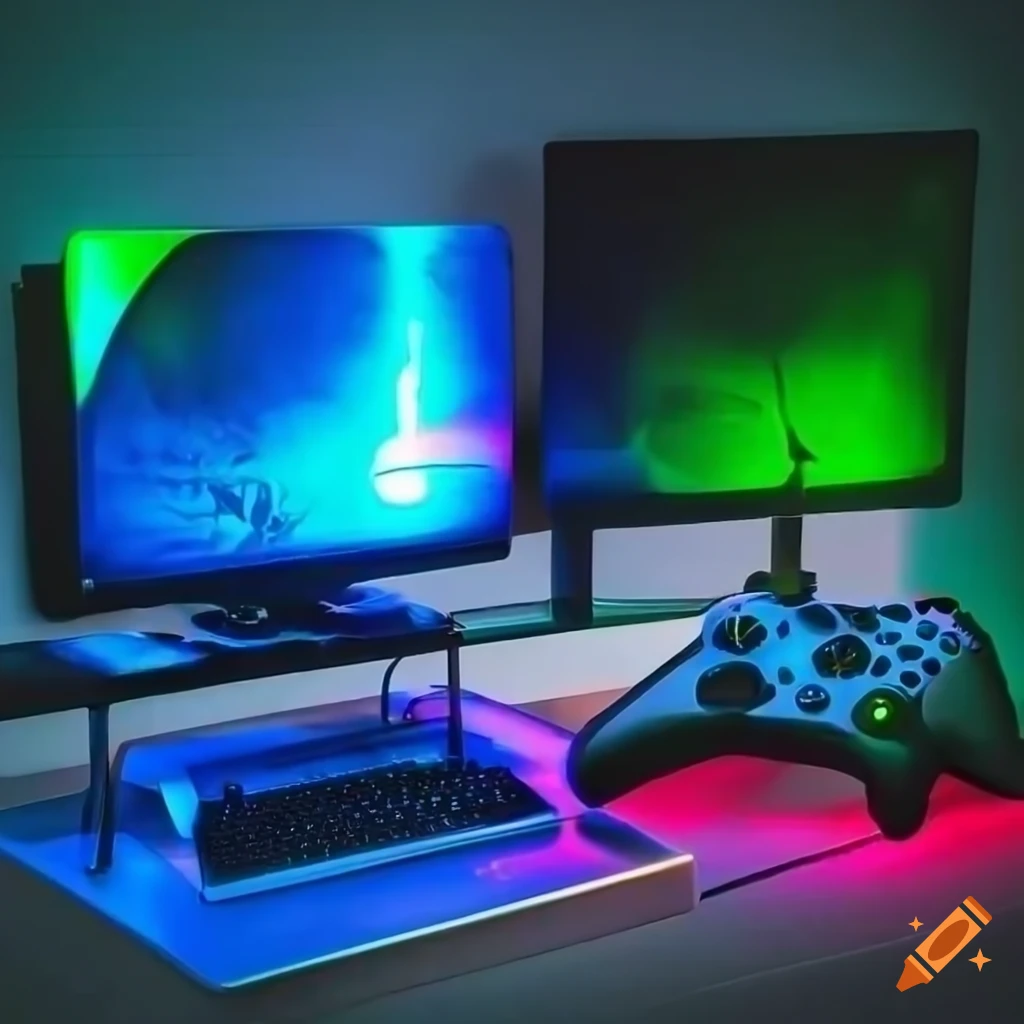 A gamer setup with blue and green neon lights. there are two xbox  controllers on the desk, one white and one black