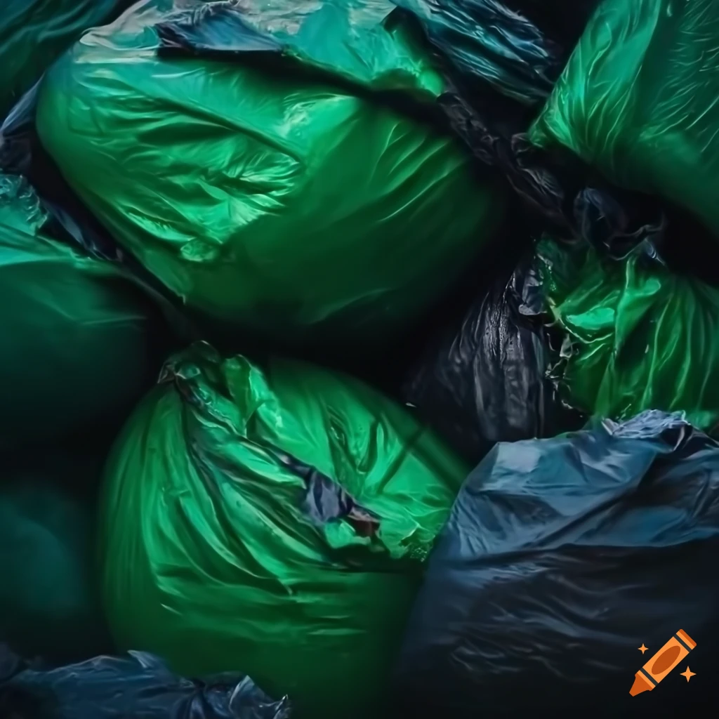 Professional shot of a pile of green yellow and black garbage bags  overloaded in a school hallway, particulate, detailed portrait, soft  lighting, stunning, delicate details, low angle view