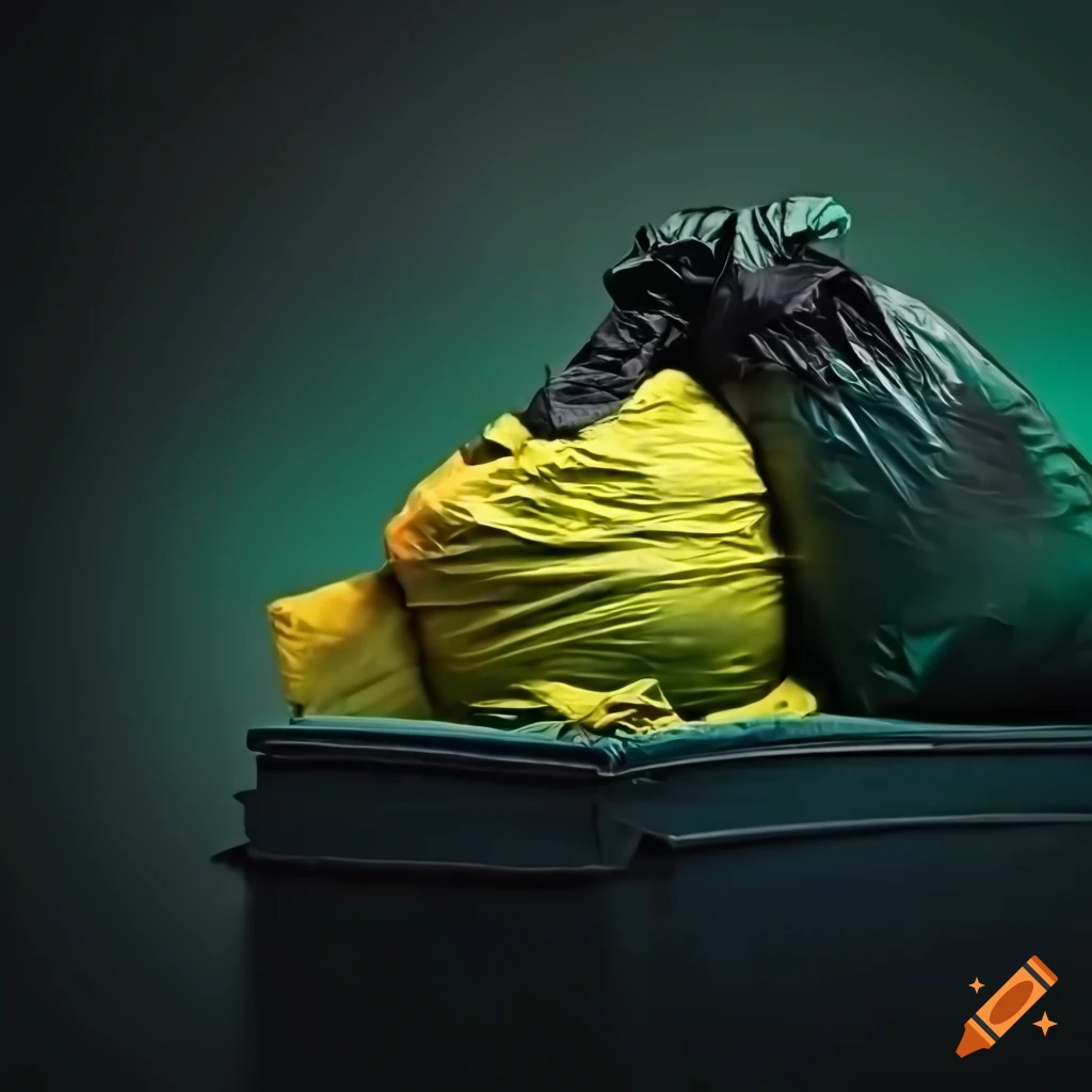 Professional shot of a pile of green and black garbage bags overloaded in a  truck, particulate, detailed macro portrait, , soft lighting, stunning,  delicate details, low angle view