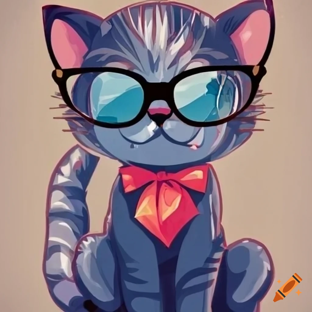 Cute Kitten Wearing Glasses and Sitting Cartoon Kawaii Chibi