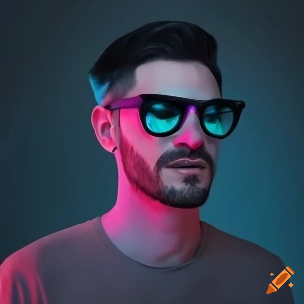 Determined neon adult gamer man short hair dark hair glasses with facial  hair stubble with t shirt on and cleft chin on Craiyon