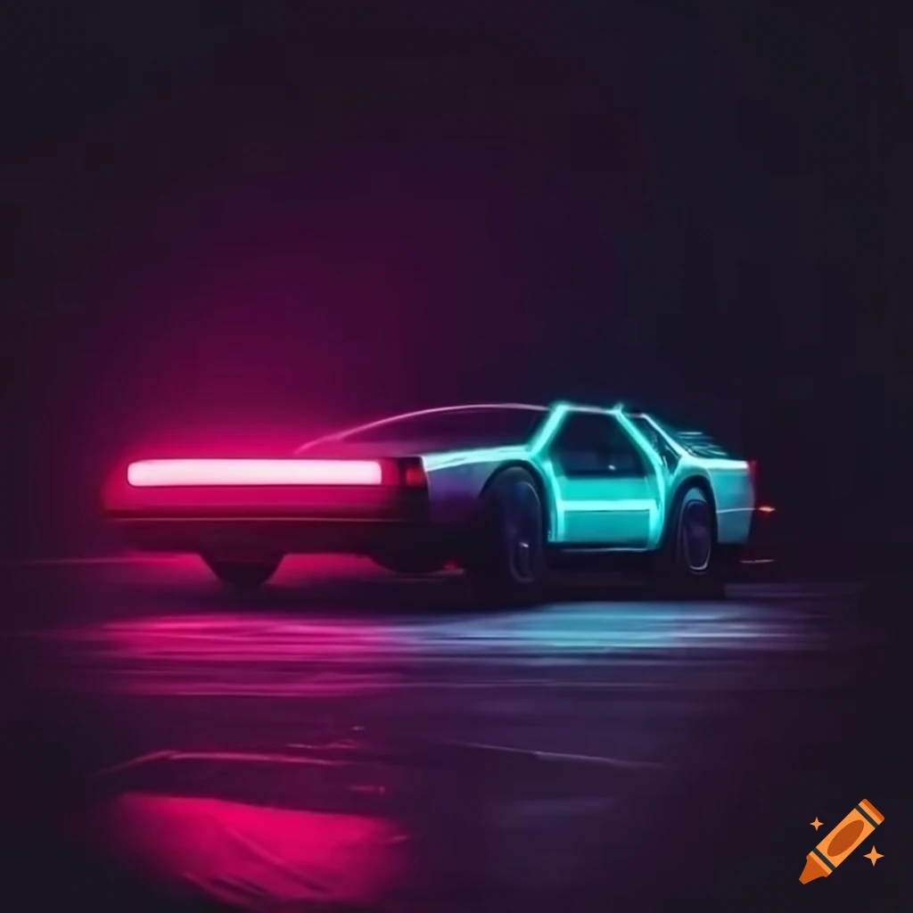 A Delorean like car in a dark moody place with neon lights with light trails behind it