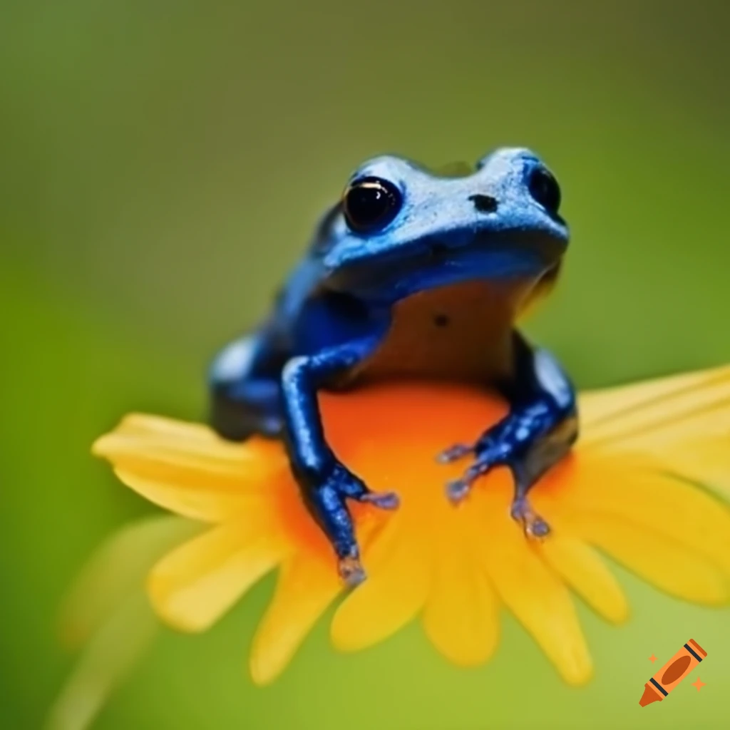 A navy blue poisonous frog on a flower on Craiyon