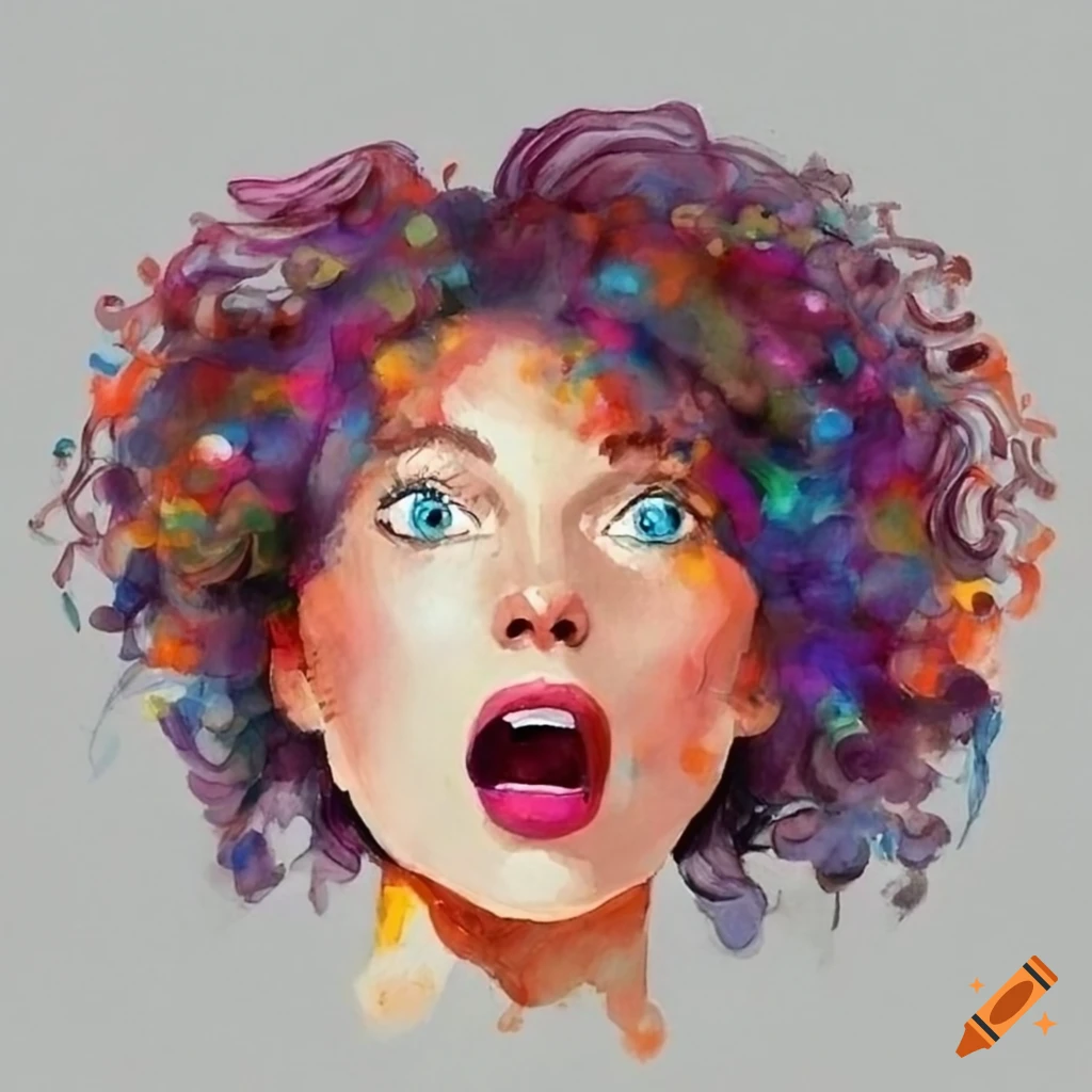 Watercolur painting of a surprised woman with big curly hair