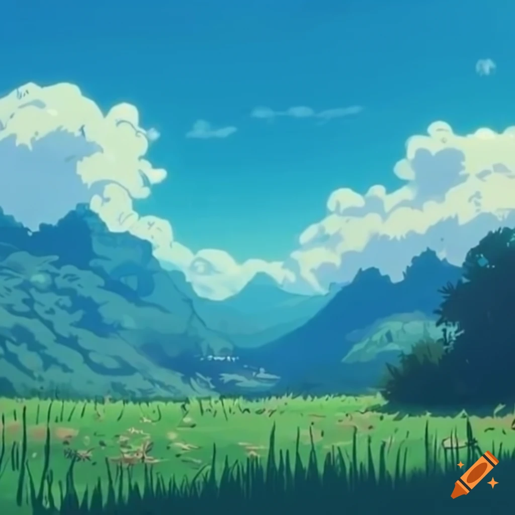 Field, tree, mountains, sun, clouds, blue sky, studio ghibli on Craiyon