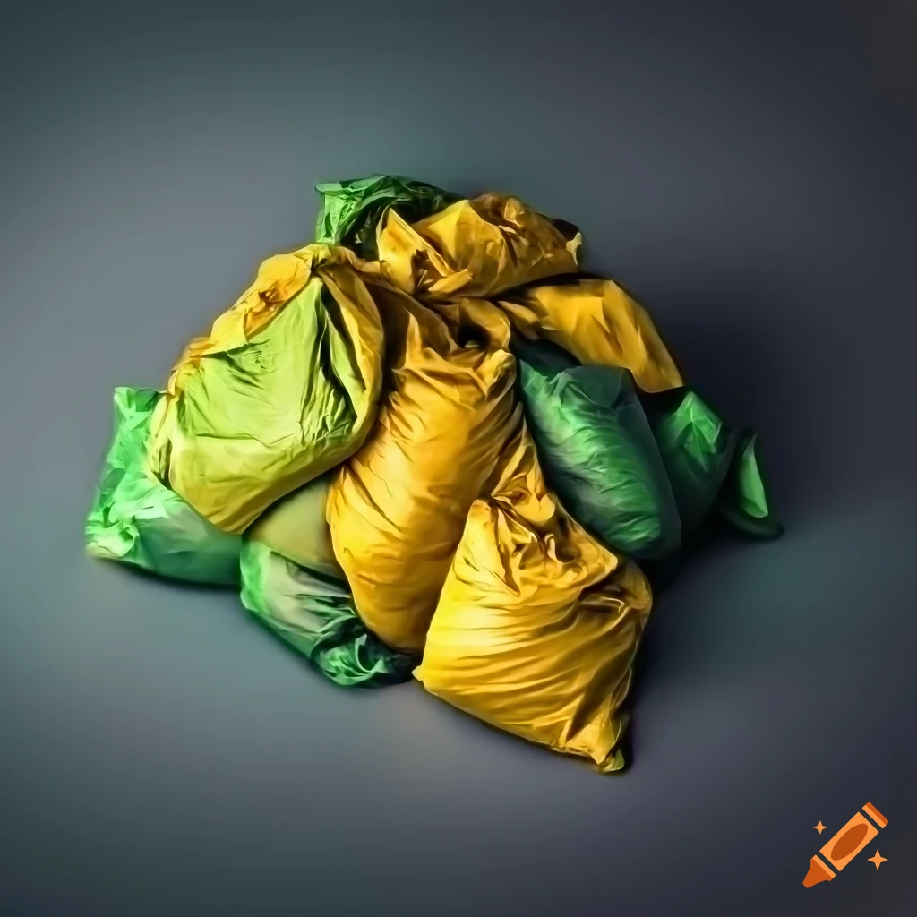 Professional interior photograph of a pile of black green and yellow