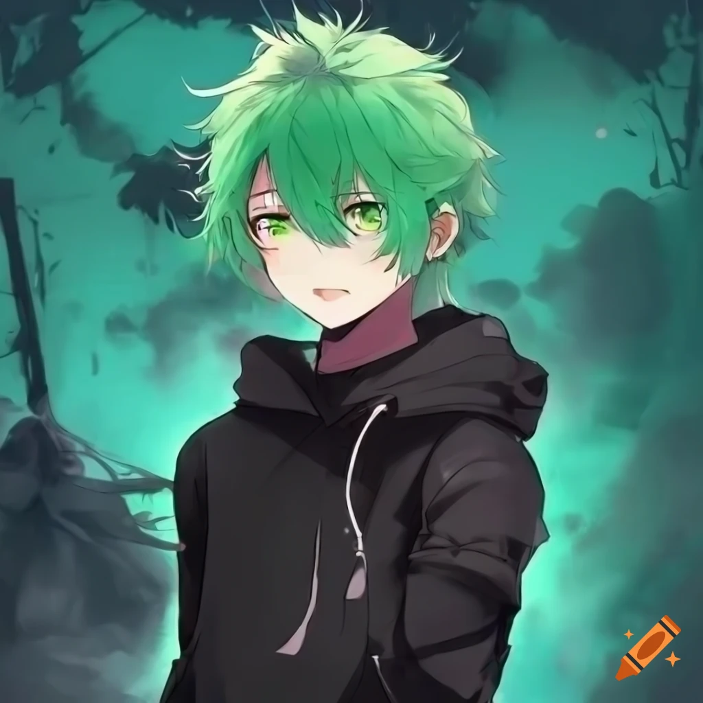 Anime boy with mint green hair and mint green and wears a black hoodie ...
