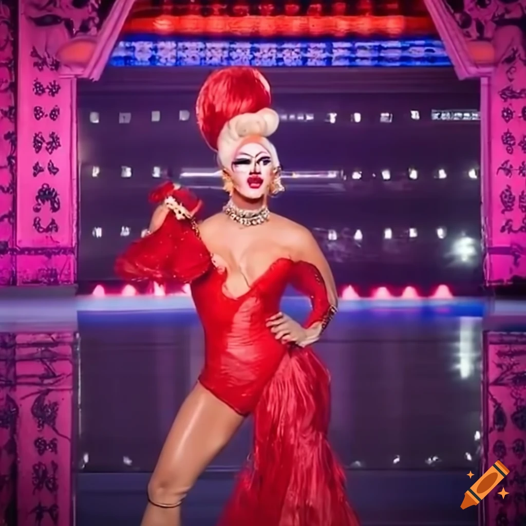 Drag queen in a bold red ensemble strutting in the werkroom drag race