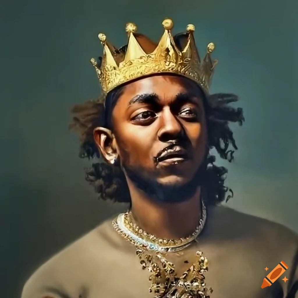 Old oil picture of kendrick lamar wearing a crown, renaissance style