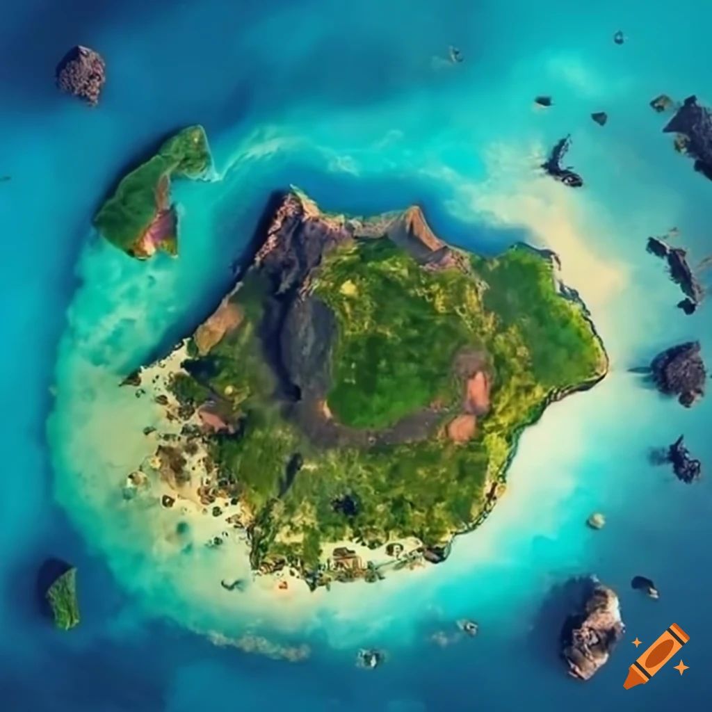 Tabletop game with 7 caribbean islands in the sea from above. the