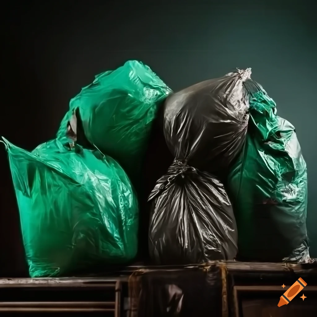 Professional shot of a pile of green and black garbage bags overloaded in a  truck, particulate, detailed portrait, soft lighting, stunning, delicate  details, low angle view on Craiyon