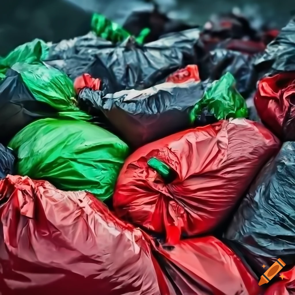 Professional shot of a pile of green and black garbage bags overloaded in a  truck, particulate, detailed portrait, soft lighting, stunning, delicate  details, low angle view on Craiyon