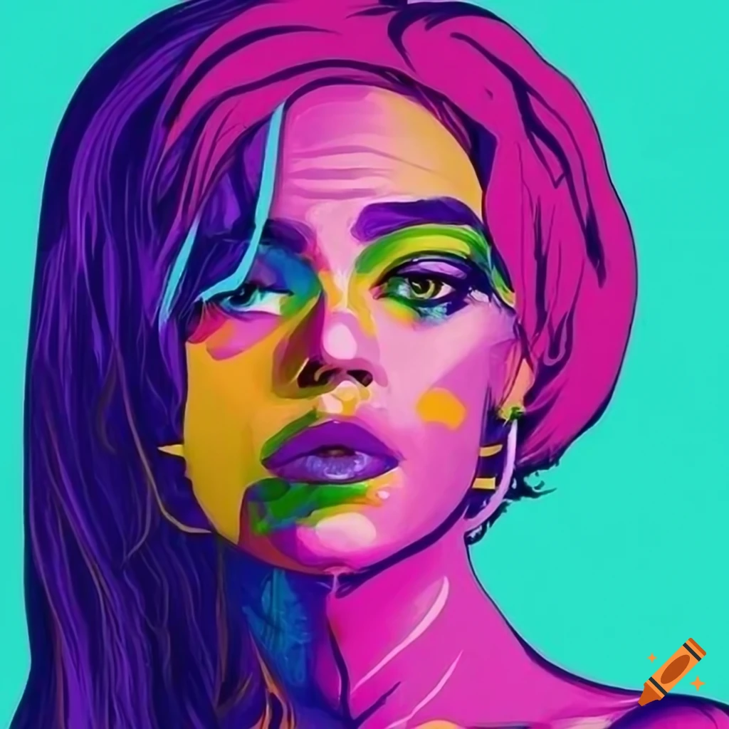 A colorful female portrait with swirls and piercing gaze pop-art minimalist