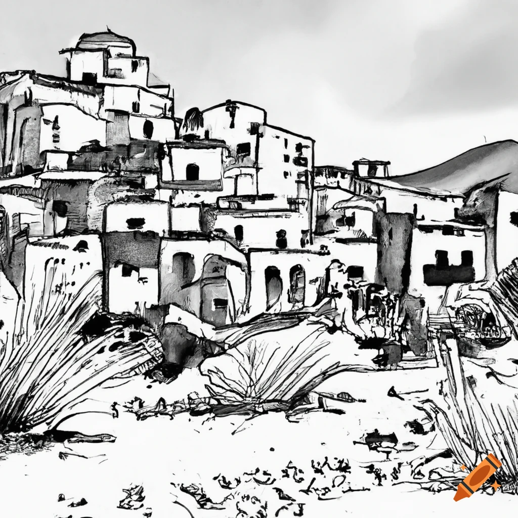 black and white ink drawing. a Spanish pueblo village in the desert. scrub in the foreground