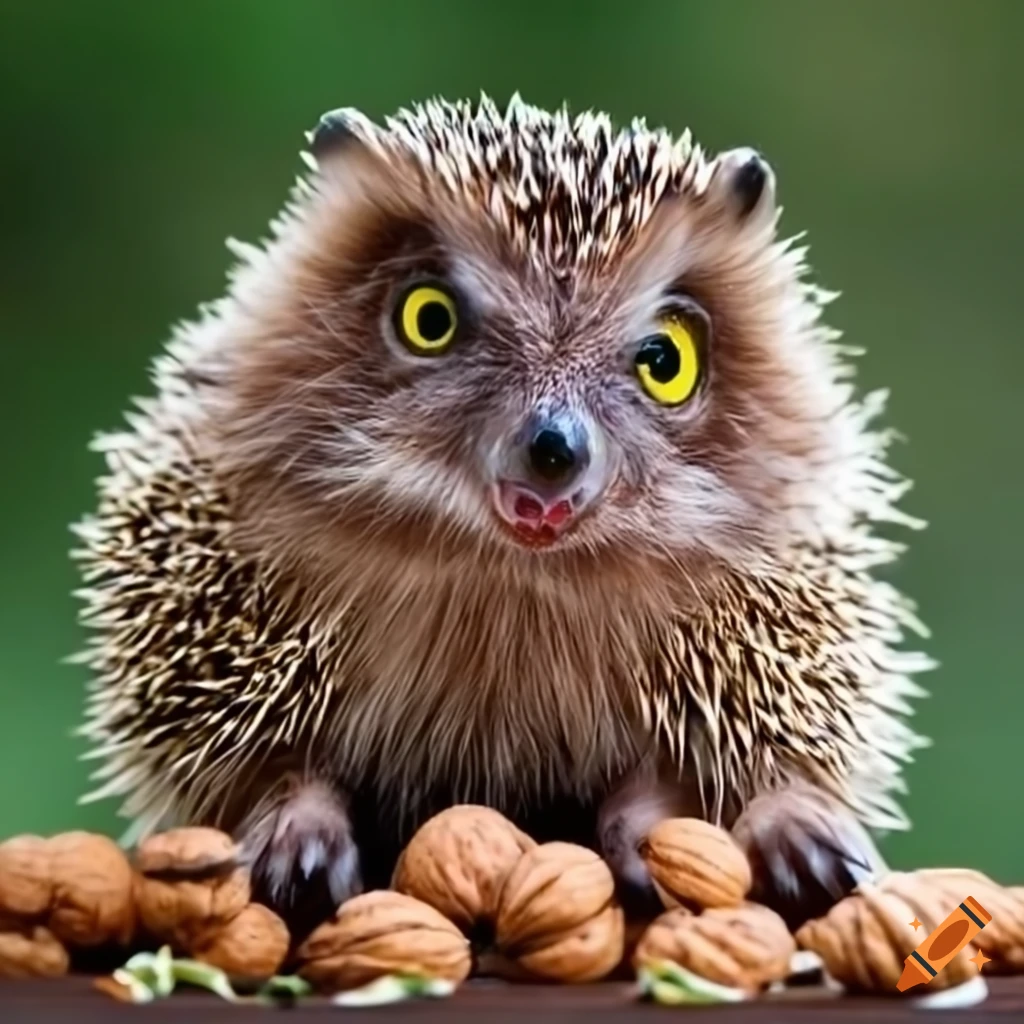 Hedgehog and owl are one animal and eating walnuts