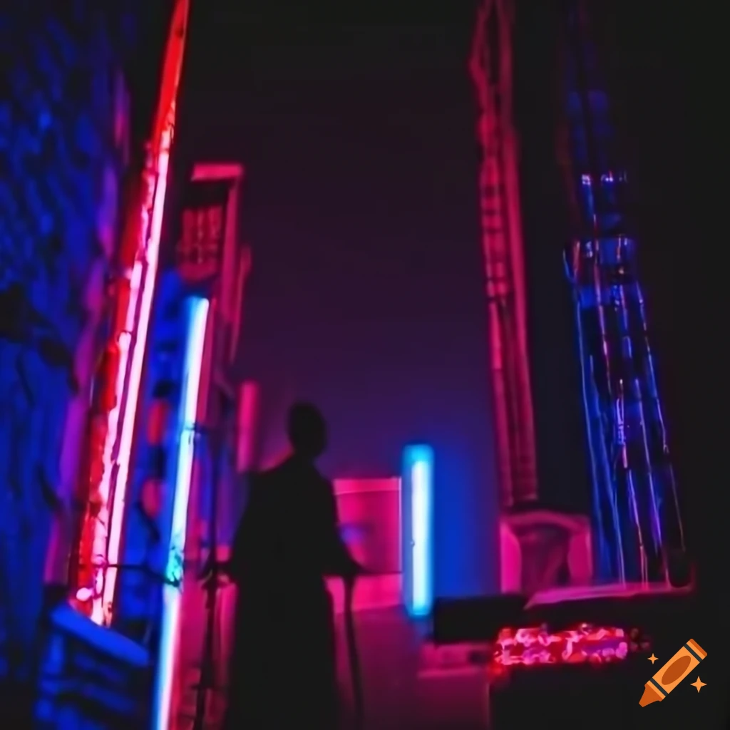 Solitary figure surrounded by neon lights in a futuristic cityscape