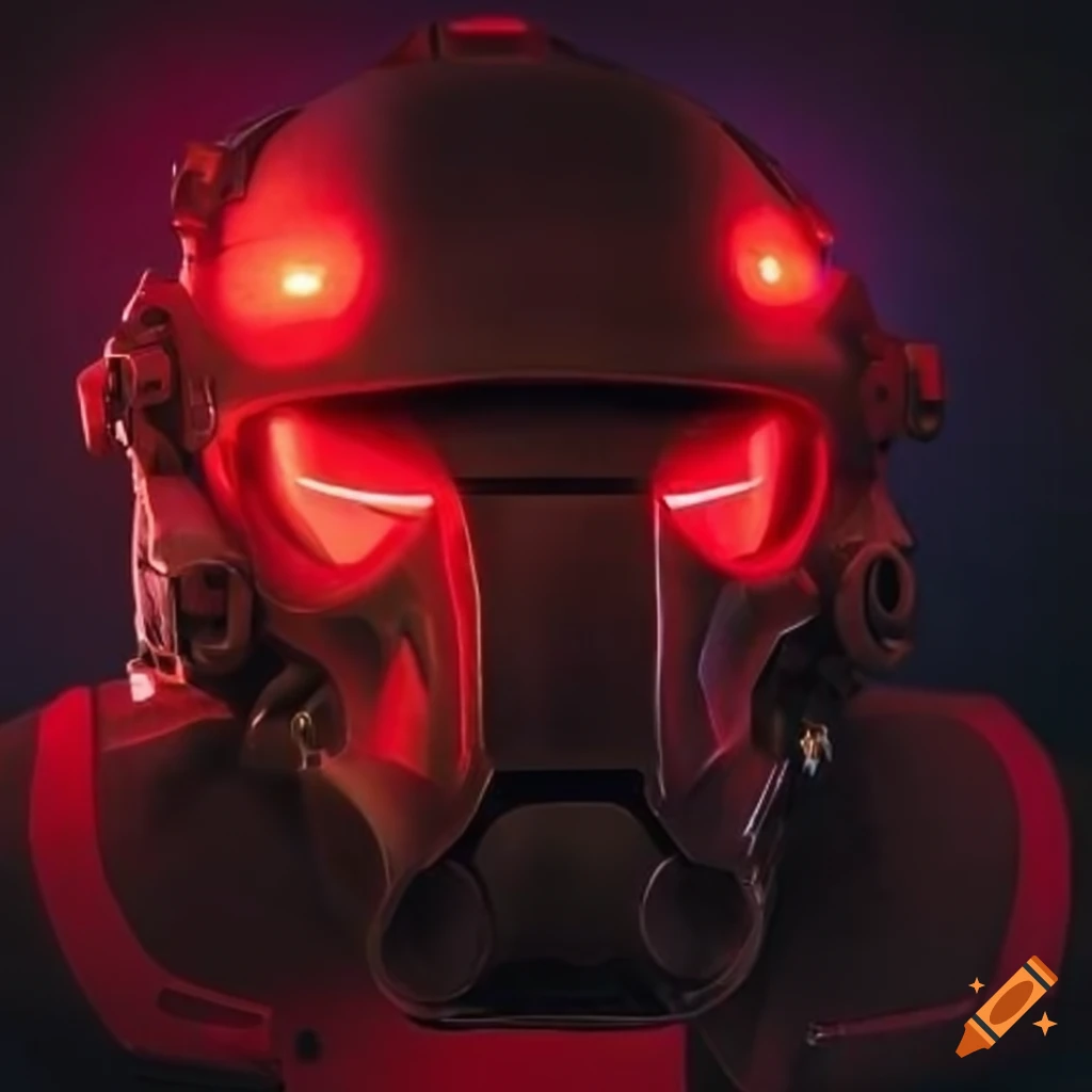 A futuristic power armor helmet with battle damage and glowing red ...