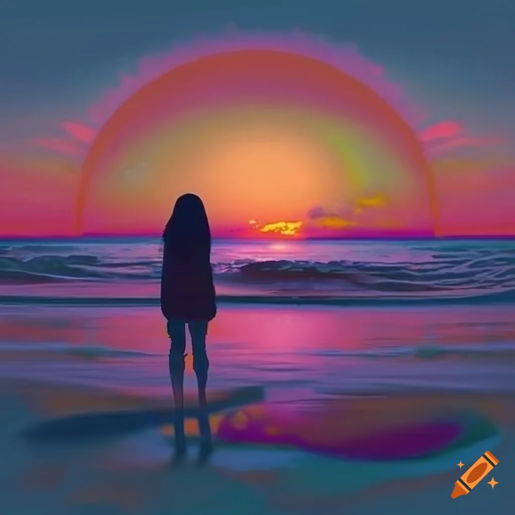 "Create a stunning digital artwork depicting a serene beach sunset ...