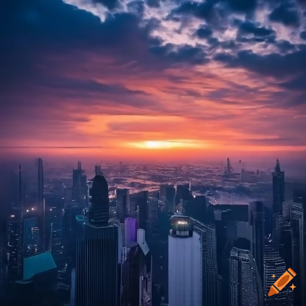 Stunning sunset over a futuristic city, with towering skyscrapers and ...