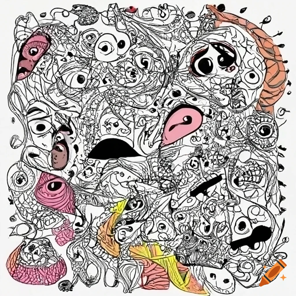 Full page doodle drawing, using simple shapes, zentangle, abstract,  different patterns, different shapes abstract black and white doodle  characters, shapes and patterns, faces, blob monsters, funny characters, in  the style of pablo