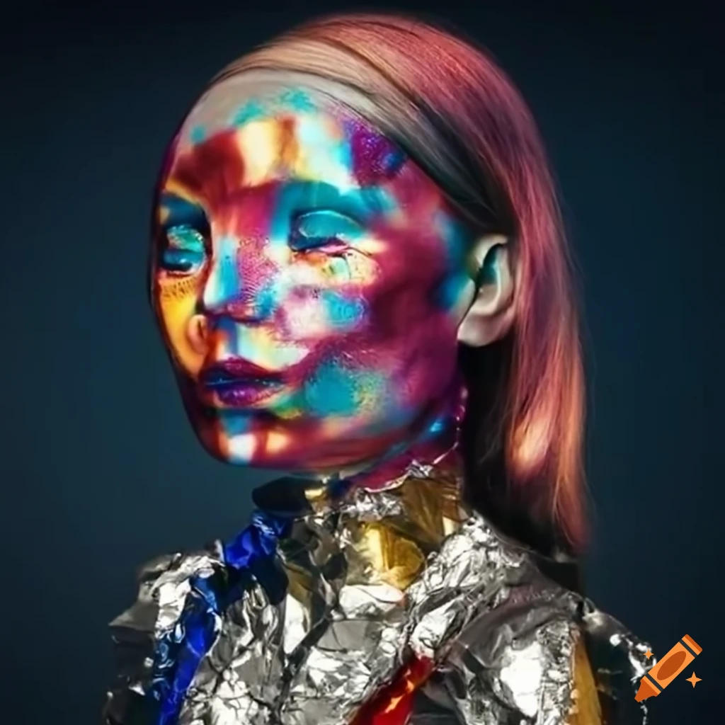 Colorful reflections on a female crash test dummy made from tin foil on ...