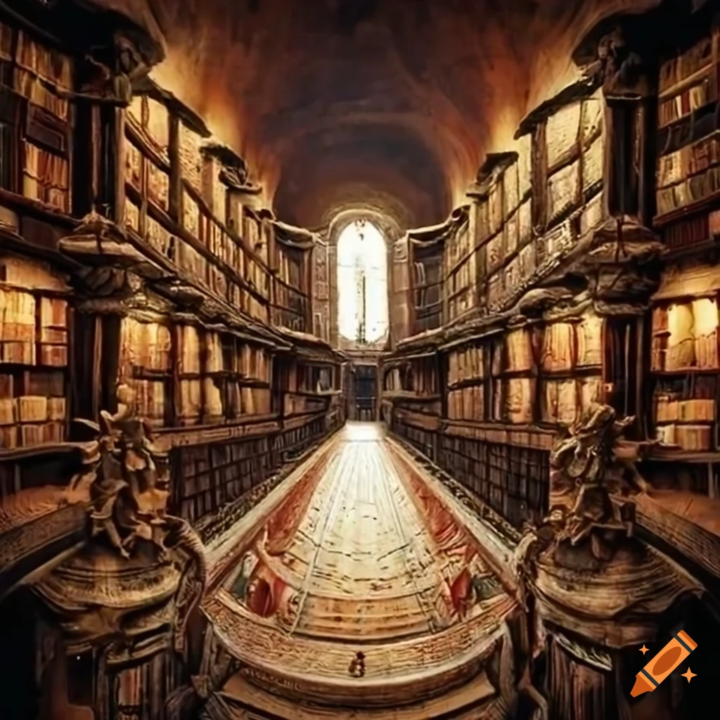 A massive underground ancient library filled with all forms of scrolls ...