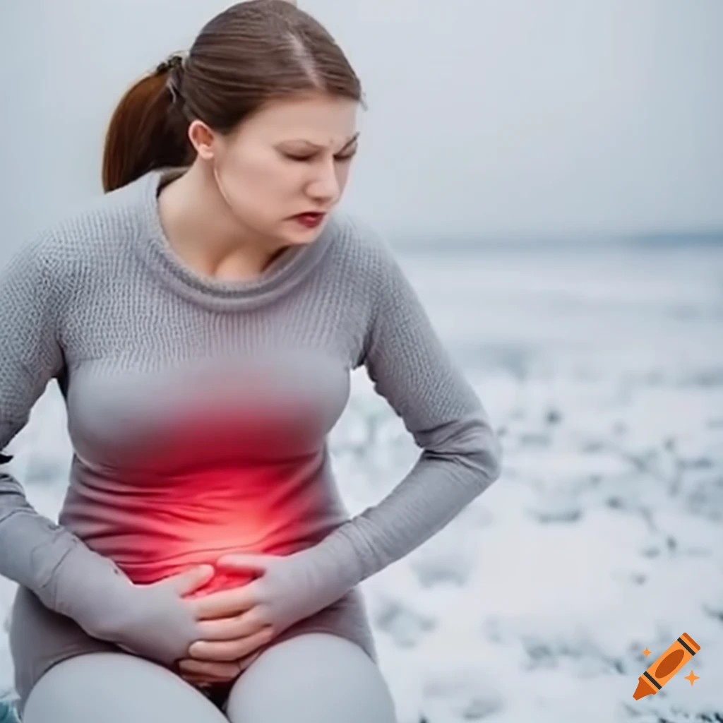 Woman in winter clothing clutching her stomach in pain