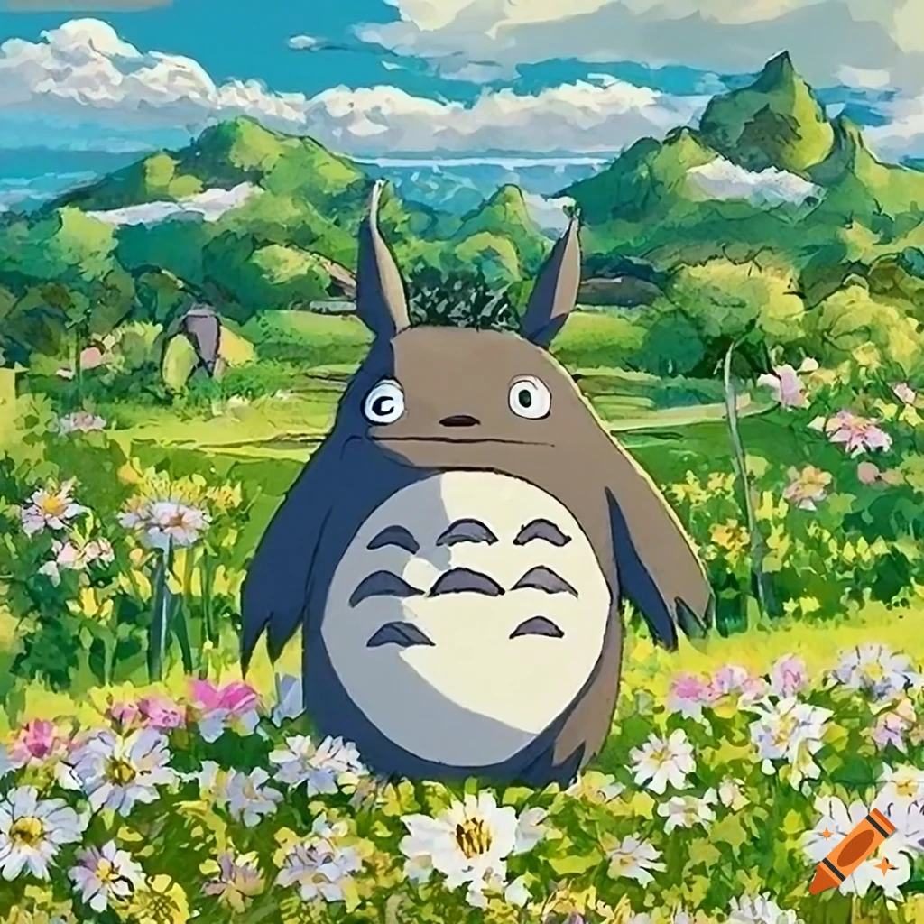 Totoro, beloved character, on the flower’s field and sunny day, concept