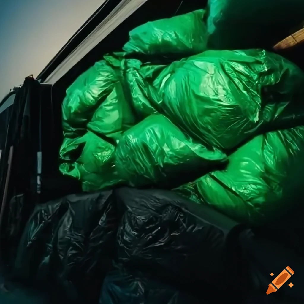 Professional shot of a pile of green and black garbage bags overloaded in a  truck, particulate, detailed portrait, soft lighting, stunning, delicate  details, low angle view