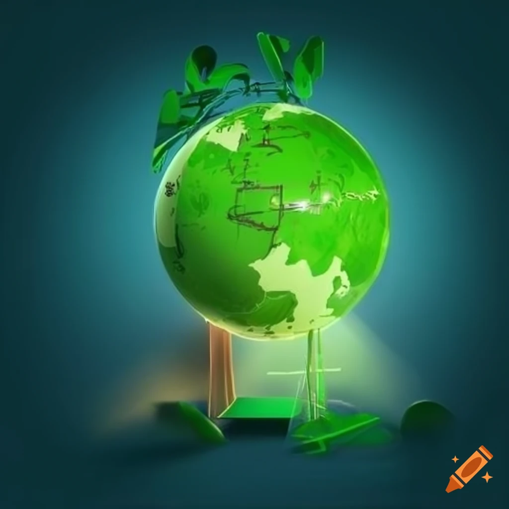 Concept art of a green globe surrounded by renewable energy symbols