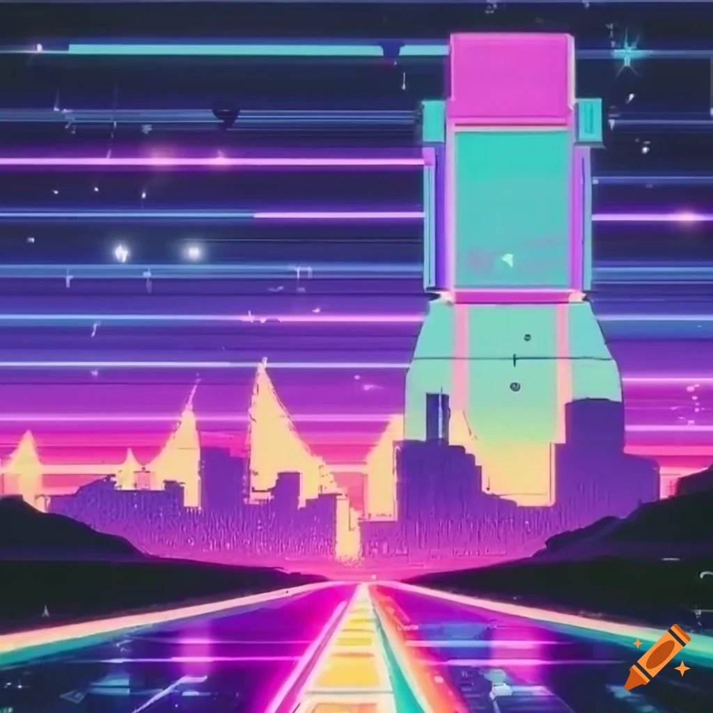 Digital, very vibrant, vintage 1980’s Japanese Anime, VHS tape filter, an up close head and torso shot of, a large mech robot, with a synth wave city backdrop, high quality, 4K definition, perfectly detailed, perfectly shaded, in-anime screenshot, in-anime accuracy, amazingly accurate, awesome and cool art