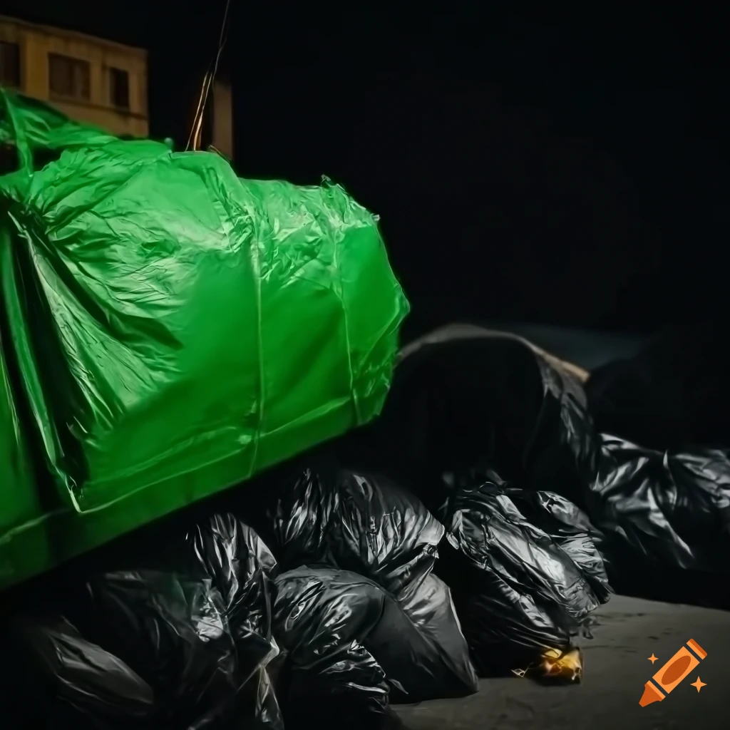 Professional shot of a pile of green and black garbage bags overloaded in a  truck, particulate, detailed portrait, soft lighting, stunning, delicate  details, low angle view