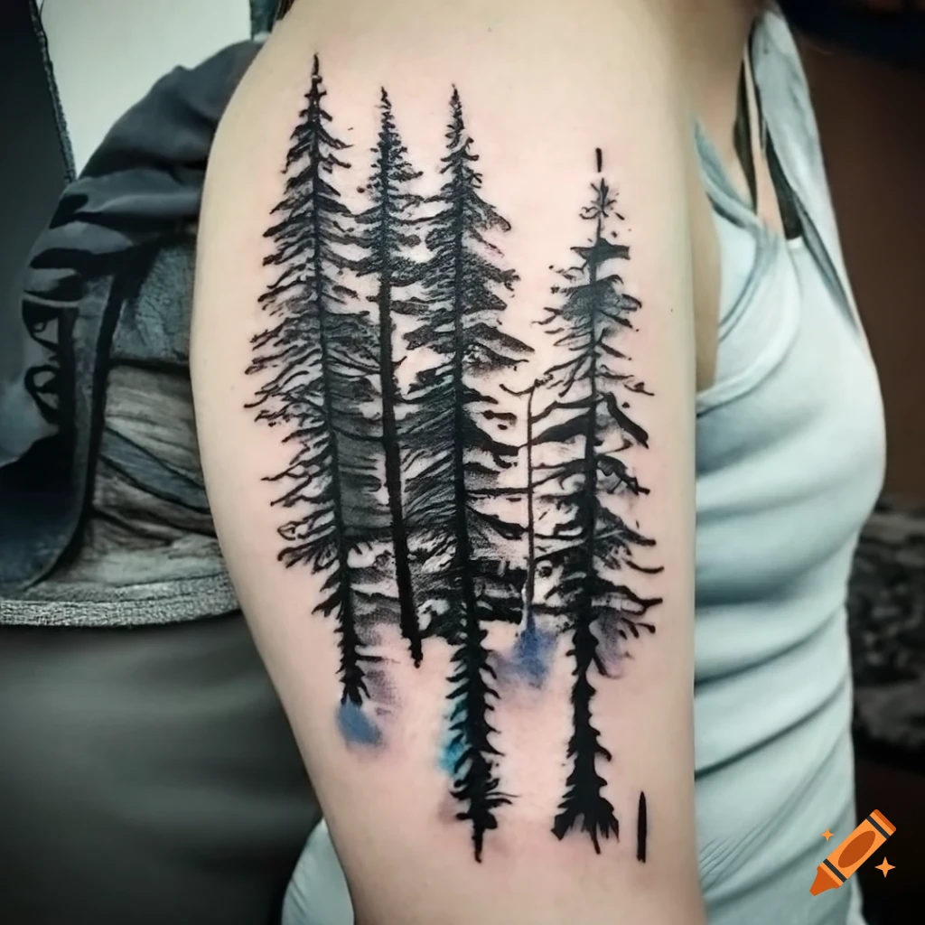 Card sized only use able colors are shades of green the forest through the trees  tattoo idea | TattoosAI
