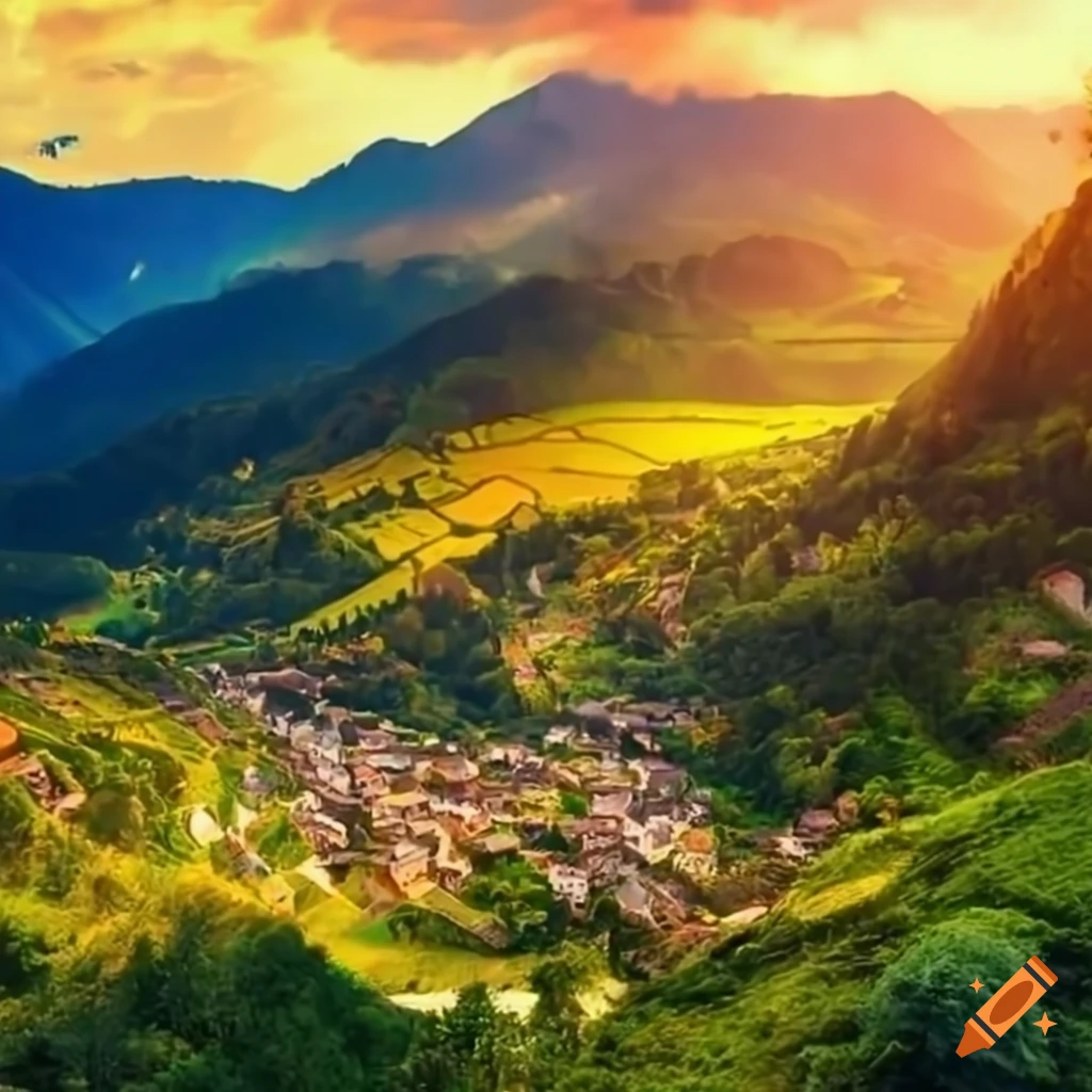 A charming village nestled amidst picturesque terraced mountains on Craiyon