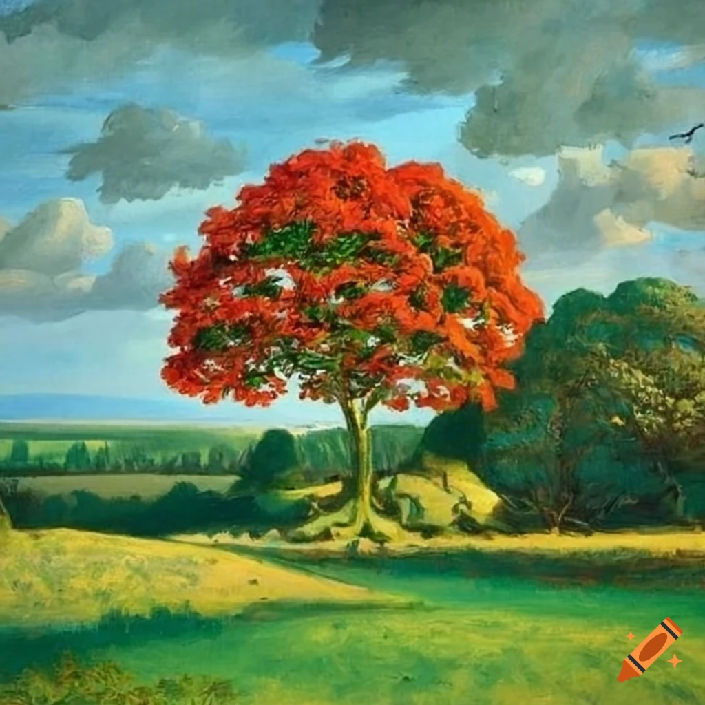 A french countryside landscape with a flamboyant tree in the style of