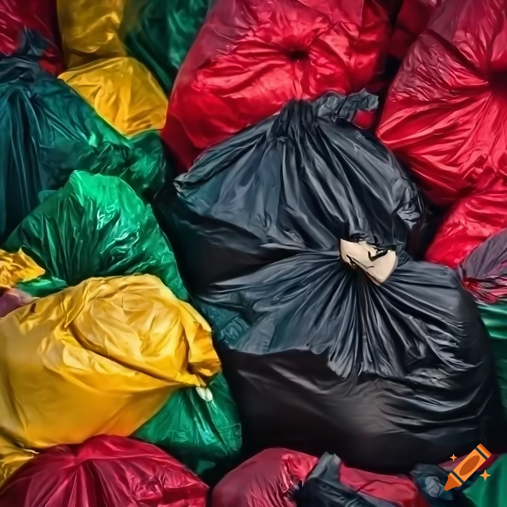 Professional exterior photograph of a pile of red green and yellow
